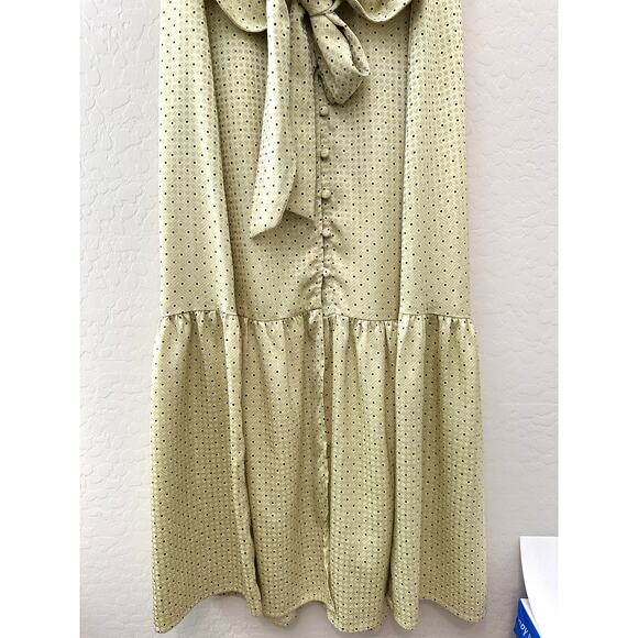 LOVE WHIT | Citron Green Dot Silky Button Front Waist Tie Midi Dress | Large - Picture 5 of 9